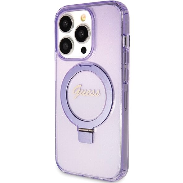 Guess case for iPhone 15 Pro Max 6,7&quot; GUHMP15XHRSGSU purple HC RING STAND MAGSAFE SCRIPT LOGO GLITTER 3666339156770