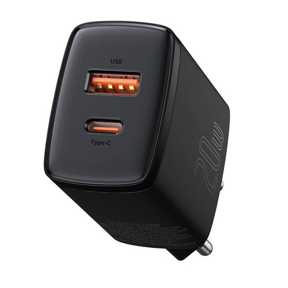 Network charger Baseus Compact, 20W, 1 x Type-C F, 1 x USB F, Black - 40415 έως 12 άτοκες Δόσεις