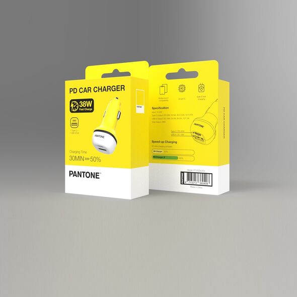 PANTONE car charger 38W PD QC 1x USB 1x USB-C PT-PDDC05 Yellow 102C 4713213360408