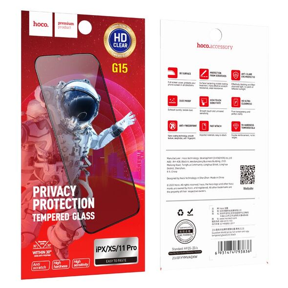 Hoco Tempered Glass Hoco Premium Series G15 0.33mm 30 Μοίρες Privacy Angle για Apple iPhone X / XS / 11 Pro Σετ 10 τμχ. 40662 6931474793744