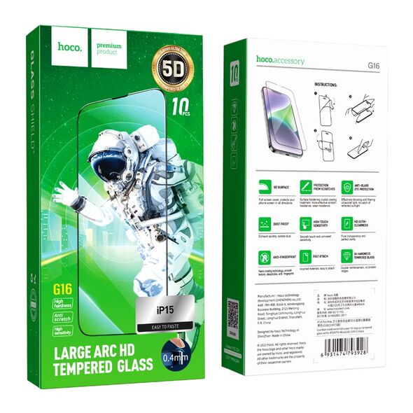 Hoco Tempered Glass Hoco Premium Series G16 Full Screen HD 5D Large Arc 0.4mm 9H για Apple  iPhone 15 Σετ 10τμχ 40780 6942007607636