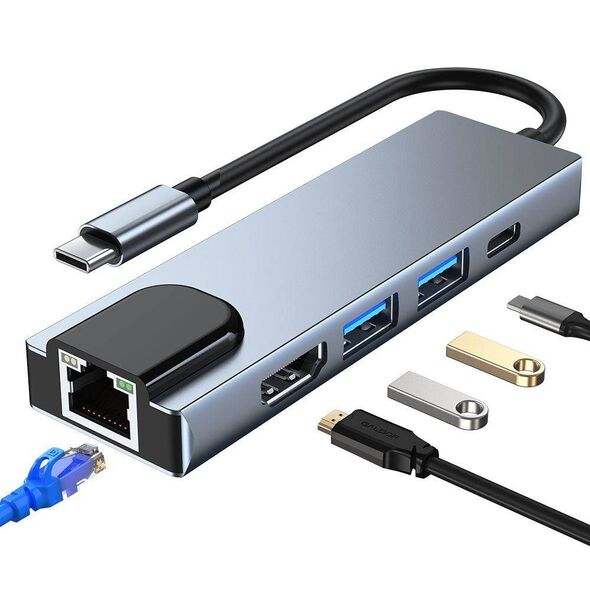 Splitter 5in1 USB HUB USB-C to 2xUSB + HDMI + USB-C + LAN RJ45 Adapter Tech-Protect V3-HUB grey 9589046919312