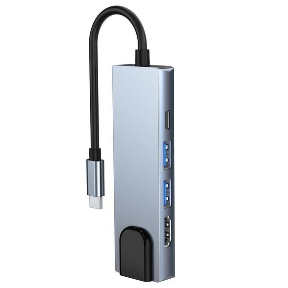 Splitter 5in1 USB HUB USB-C to 2xUSB + HDMI + USB-C + LAN RJ45 Adapter Tech-Protect V3-HUB grey 9589046919312