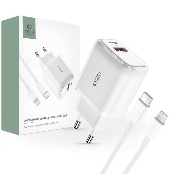 Wall Charger 20W USB-C PD + USB QC3.0 + Cable 1m USB-C - Lightning Tech-Protect C65W white 9490713929124