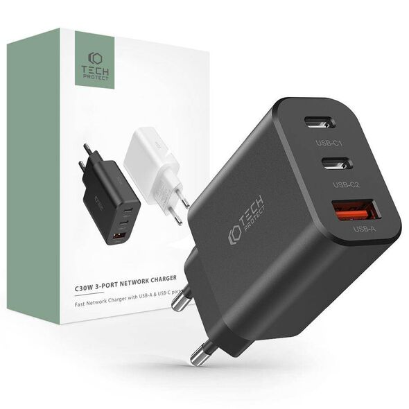 Wall Charger 30W 2x PD USB-C + QC3.0 USB Tech-Protect C30W black 9490713935231