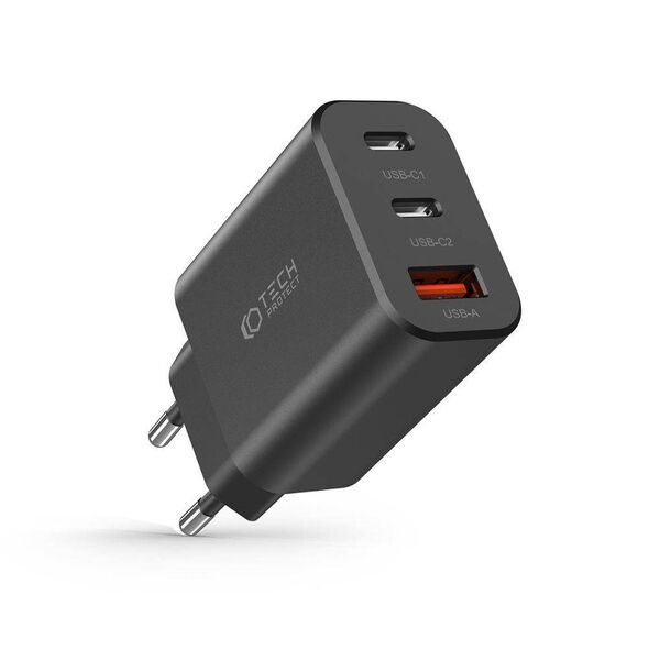 Wall Charger 30W 2x PD USB-C + QC3.0 USB Tech-Protect C30W black 9490713935231