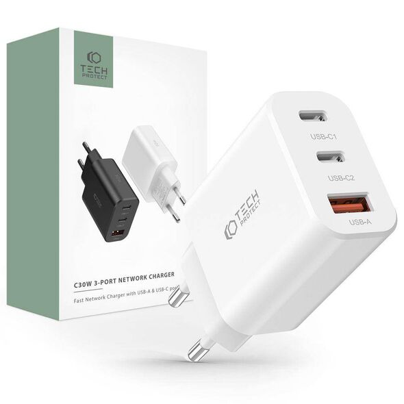 Wall Charger 30W 2x PD USB-C + QC3.0 USB Tech-Protect C30W white 9490713935262