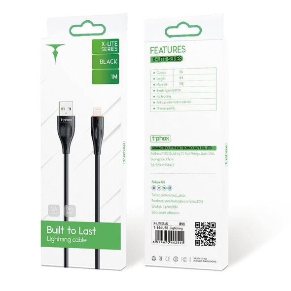 Cable 3A 1m USB - Lightning T-Phox X-Lite black 6974670442511