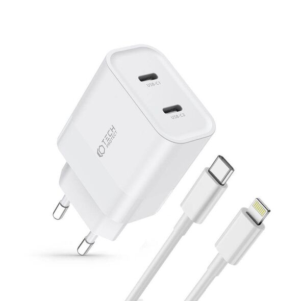 Wall Charger PD 20W 2x USB-C + Cable USB-C - Lightning Tech-Protect C20W white 9319456607307