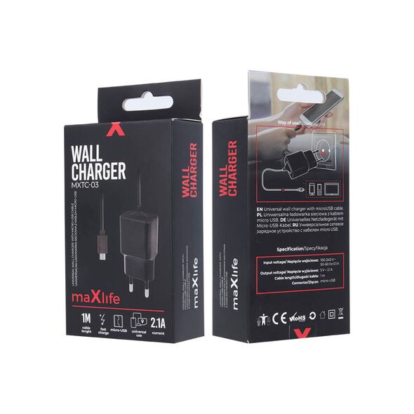 Wall Charger 2,1A MaxLife MXTC-03 with Cable 1m micro USB black 5900495796226