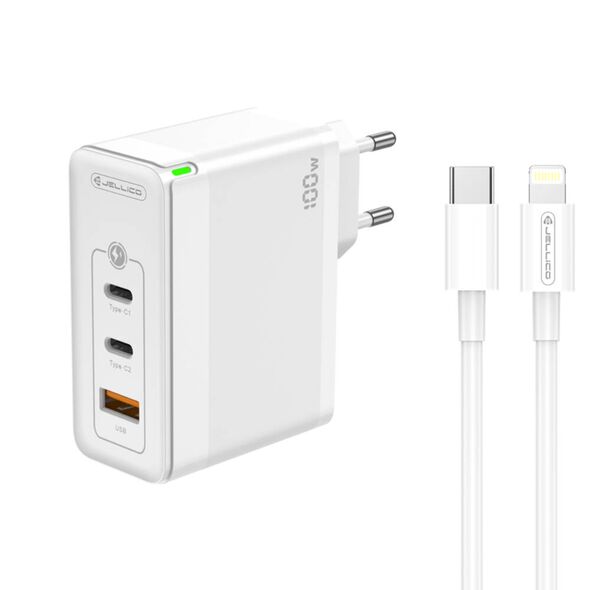 Wall Charger GaN 100W 1x QC3.0 USB + 2x PD USB-C Jellico C118 + Cable USB-C - Lightning white 6974929204525