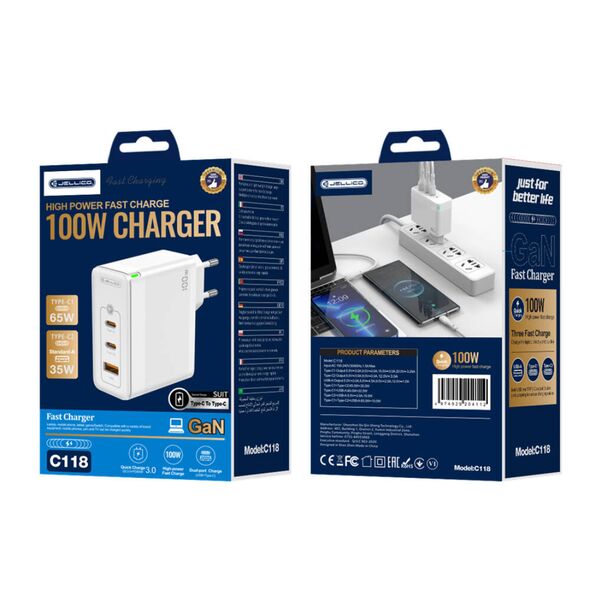 Wall Charger GaN 100W 1x QC3.0 USB + 2x PD USB-C Jellico C118 + Cable USB-C - Lightning white 6974929204525