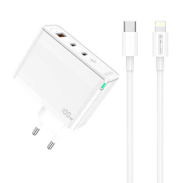 Wall Charger GaN 100W 1x QC3.0 USB + 2x PD USB-C Jellico C118 + Cable USB-C - Lightning white 6974929204525