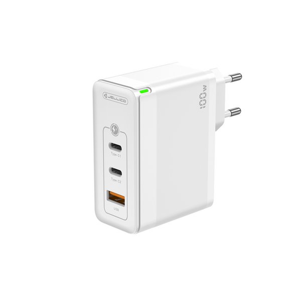 Wall Charger GaN 100W 1x QC3.0 USB + 2x PD USB-C Jellico C118 + Cable USB-C - Lightning white 6974929204525