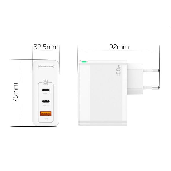Wall Charger GaN 100W 1x QC3.0 USB + 2x PD USB-C Jellico C118 white 6974929204112
