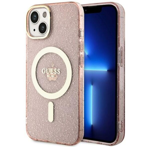 Guess case for iPhone 14 Plus 6,7&quot; GUHMP14MHCMCGP pink hardcase Magsafe IML Glitter Gold 3666339125875
