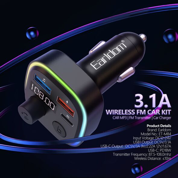 Μεταδότης FM Earldom ЕТ-M84, Bluetooth, USB, Type-C, PD, 3.1A, Μαυρο - 17773 έως 12 άτοκες Δόσεις