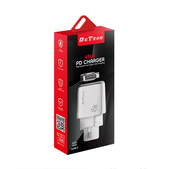 Φορτιστής δικτύου DeTech DE-PD, 65W, GaN, 2 x Type-C F, 1 x USB F, Καλώδιο Type-C - Type-C, PD, λευκό - 40343 έως 12 άτοκες Δόσεις