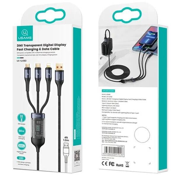 3in1 Cable 66W 1.2m USB - USB-C + micro USB + Lightning Digital Display PD Fast Charge SJ582USB01 (US-SJ582) 6958444901916