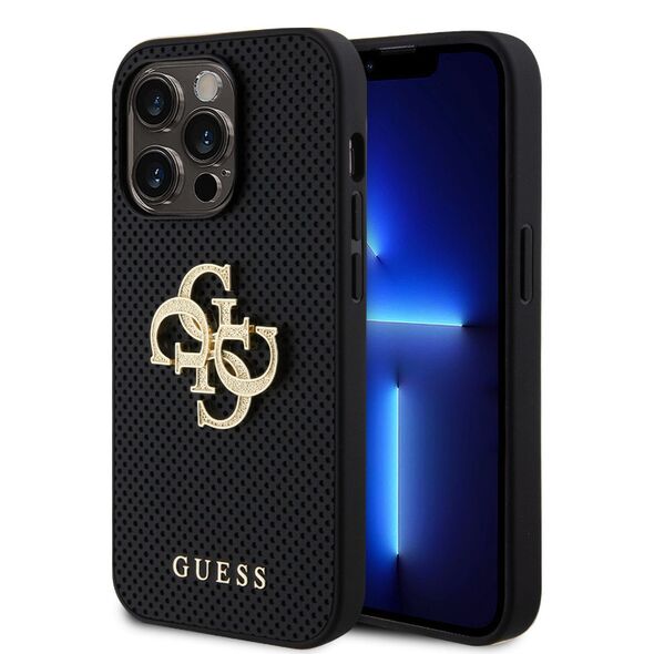 Guess case for iPhone 15 6.1&quot; GUHCP15SPSP4LGK black hardcase Leather Perforated 4G Glitter Logo 3666339151287