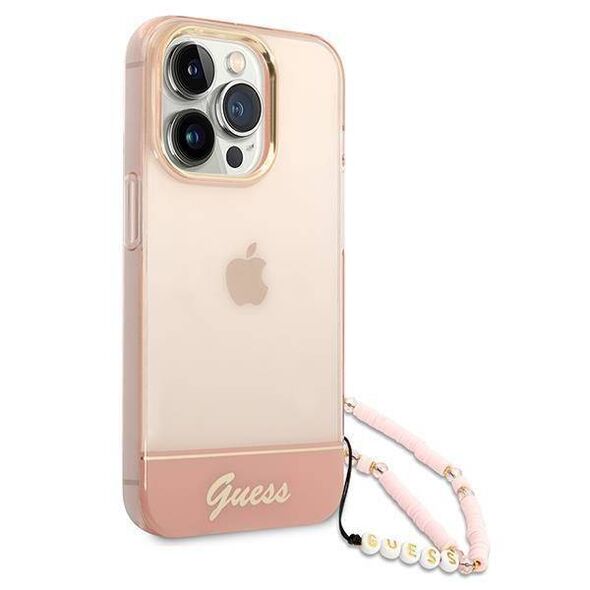 Original Case IPHONE 14 PRO Guess Hardcase Translucent Pearl Strap pink 3666339064303