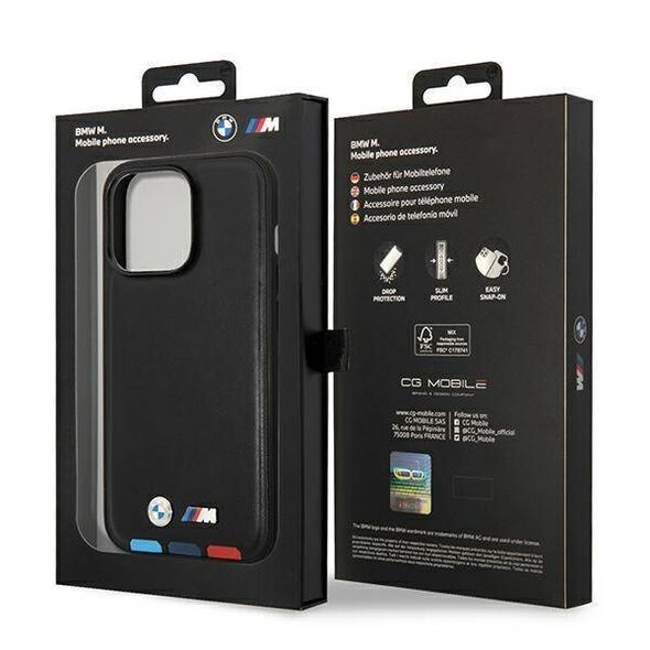 Original Case IPHONE 14 PRO BMW Leather Stamp Tricolor MagSafe (BMHMP14L22PTDK) black 3666339089320