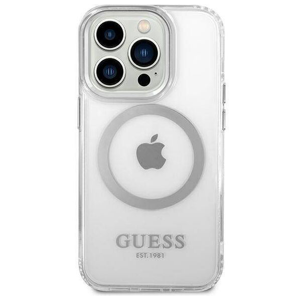 Original Case IPHONE 14 PRO Guess Hard Case Metal Outline Magsafe (GUHMP14LHTRMS) silver 3666339069841