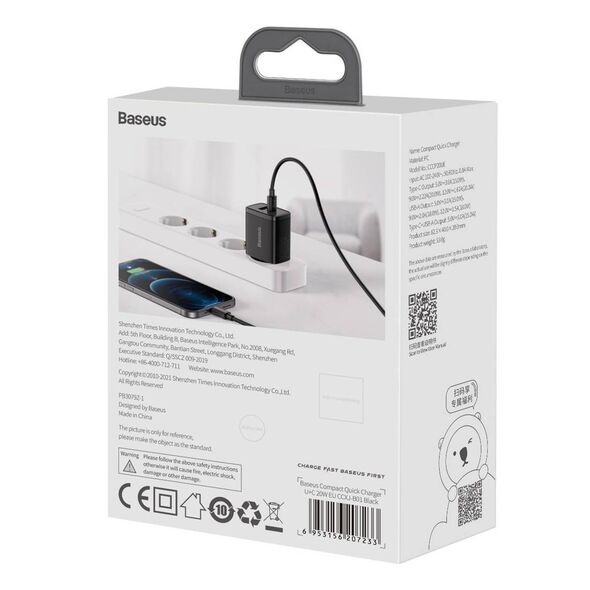 Baseus Compact Quick Charger, USB, USB-C, 20W (black) 6953156207233