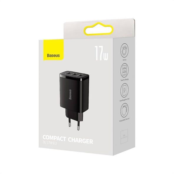 Baseus Compact Quick Charger, 3x USB, 17W (Black) 6932172606961