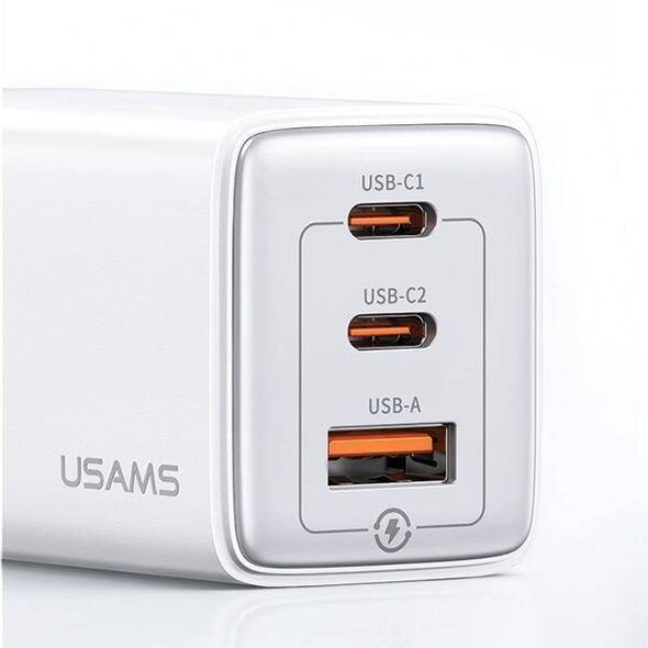 Wall Charger USAMS 2xUSB-C+1xUSB 65W (only head) GaN PD3.0 +QC3.0 Fast Charging white Sandru Series CC180TC02 (US-CC180) 6958444905174