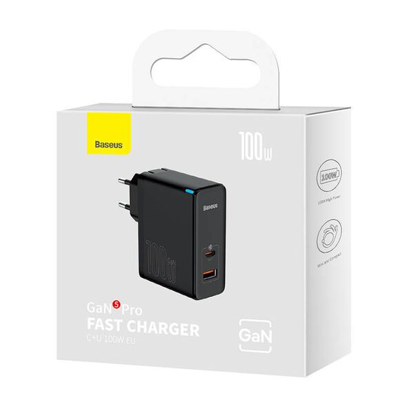 Baseus GaN USB-C + USB wall charger, 100W + 1m cable (black) 6932172608958