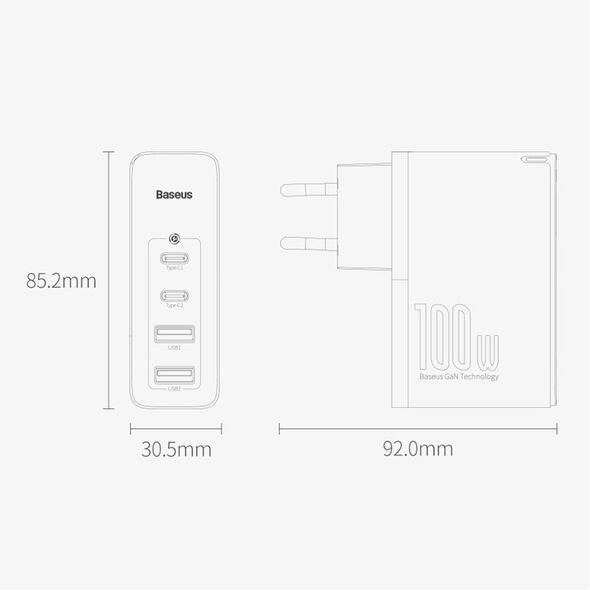 Baseus Incarcator 2x USB-C PD 100W, 2x USB-A QC3.0 with Cable Type-C to Type-C - Baseus (CCGAN2P-L01) - Black 6953156204683 έως 12 άτοκες Δόσεις