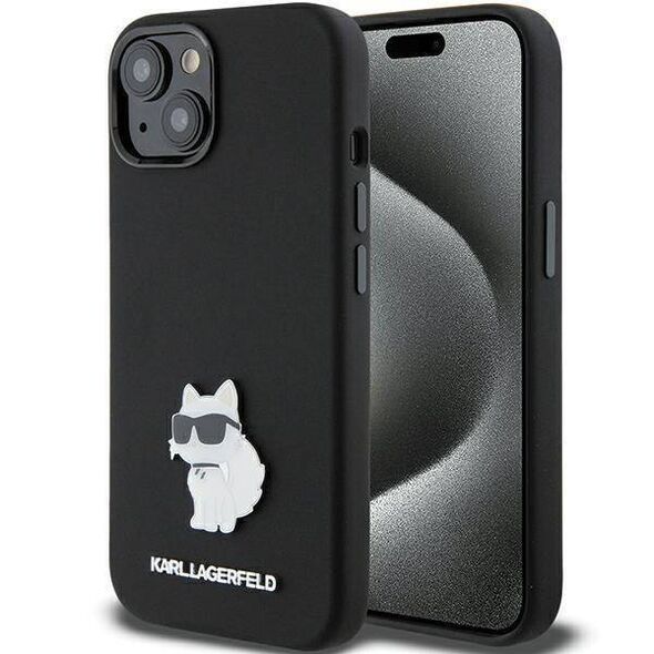 Original Case APPLE IPHONE 15 Karl Lagerfeld Silicone Choupette Metal Pin (KLHCP15SSMHCNPK) black 3666339166359