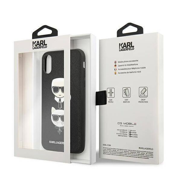 Original Case IPHONE X / XS Karl Lagerfeld Hardcase Saffiano Ikonik Karl&Choupette Head (KLHCPXSAKICKCBK) black 3666339055004