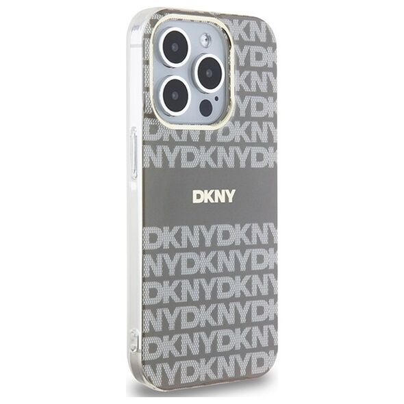 DKNY case for iPhone 15 Pro 6,1&quot; DKHMP15LHRHSEE beige HC Magsafe pc tpu repeat texture pattern w stripe 3666339267971